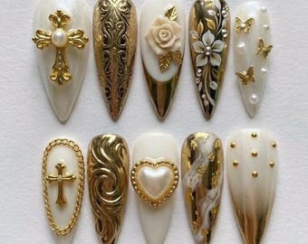 Luxury Baroque Gold Goddess Press On Nails | 3D Wedding Victorian Pearl Nail Art