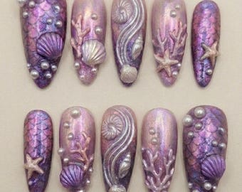 Luxury 3D Mystic Deep Sea Mermaid Press On Nails | Purple Starfish & Shell Sirencore Art