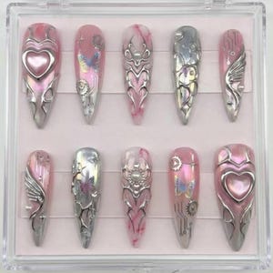 Pink Cybercore Press On Nails | Y2K Grunge Heart & Butterfly - Silver Chrome Tribal Nail Art