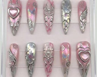 Pink Cybercore Press On Nails | Y2K Grunge Heart & Butterfly - Silver Chrome Tribal Nail Art