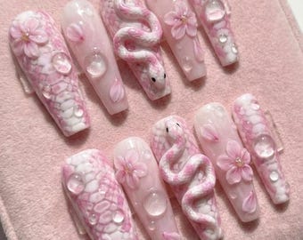 Pink 3D Snake Cherry Blossom Press On Nails, Sculpted Water Drop Coquette Glue On
