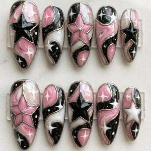 Y2K Star Stained Glass Press-On Nails | Cyber Pink, Black Nail art