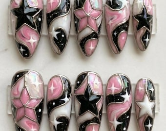 Y2K Star Stained Glass Press-On Nails | Cyber Pink, Black Nail art