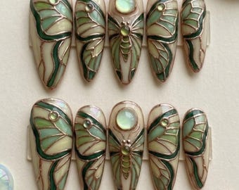 3D Luna Moth Stained Glass Press On Nails | Iridescent Sage Green Wing Nail Art