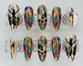 Hand-Painted Black History Press On Nails, Afrocentric Stained Glass Art