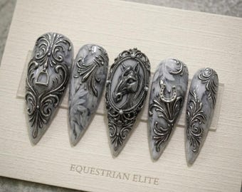 Luxury Equestrian Horse Press On Nails, 3D Silver Antique Baroque Marble Nails, Victorian Filigree Horseshoe Nails, Reusable Full Set