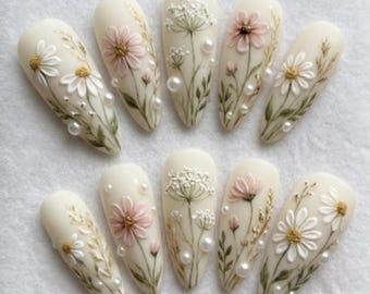 3D Wildflower Bridal Press On Nails | Luxury Matte Cream Pearl & Gold Botanical Art