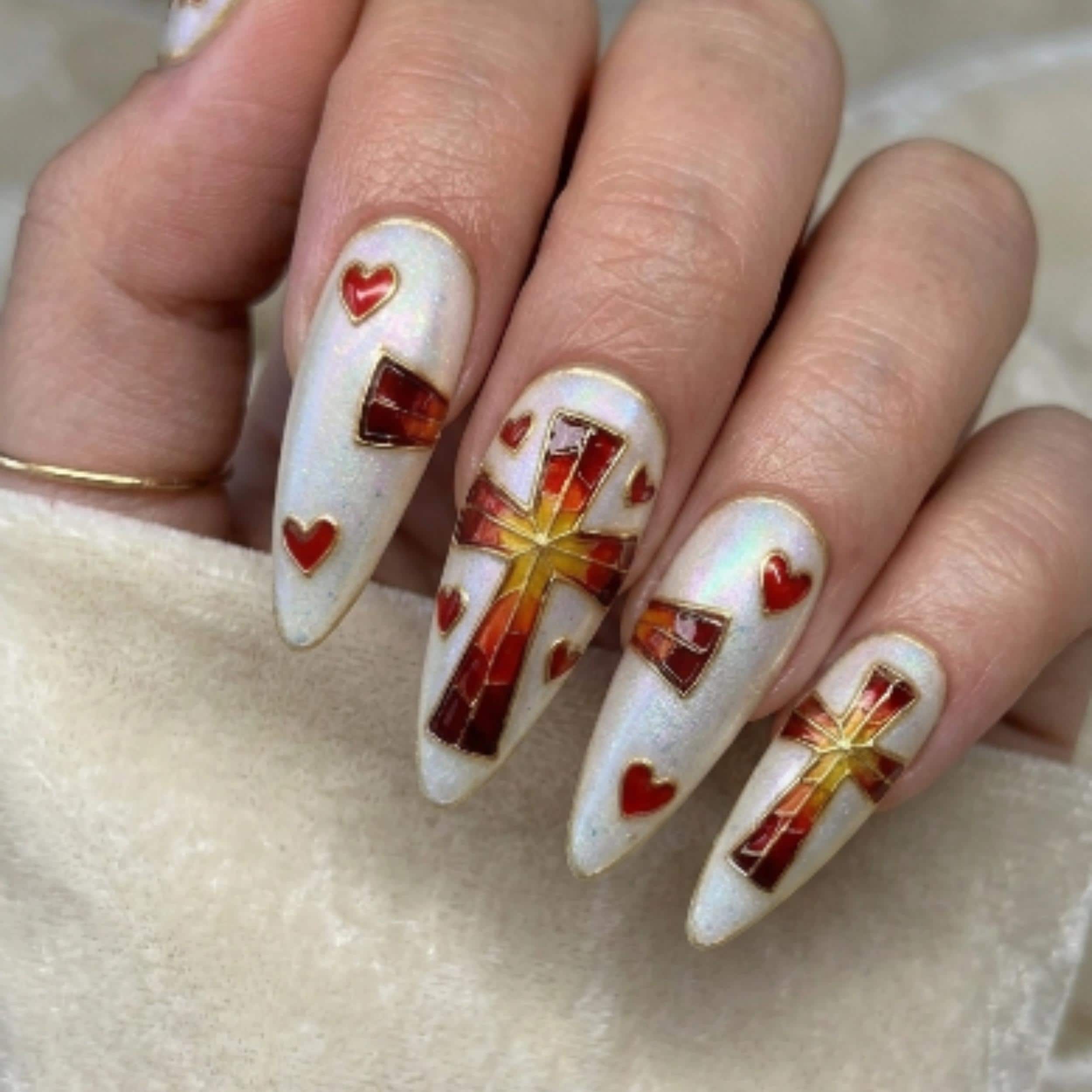 STAINED GLASS FAITH 3D Cross & Heart Press On Nails Cathedral Inspired Mosaic Art