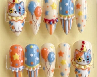 3D Circus Clown Cat Press On Nails | Kawaii Balloons & Stripes Clowncore Nail Art