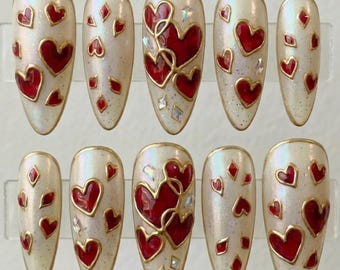 Red Heart Press On Nails | 3D Gold Filigree, Iridescent Pearl Base, Stiletto Shape