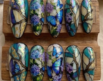 Blue Morpho Butterfly Stained Glass Press On Nails | Hand Painted Floral Nature Nail Art