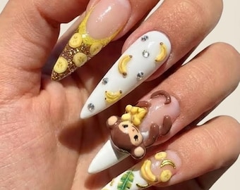 3D Monkey Banana Press On Nails, Kawaii Tropical Nail Art
