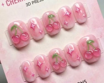 3D Cherry Sparkle Super Short Round Press On Nails, Kawaii Coquette Handmade