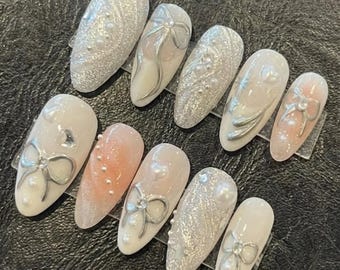Ethereal Silver Bow Press On Nails | Pink Ombre & Pearl Milky White Bridal Nail Art