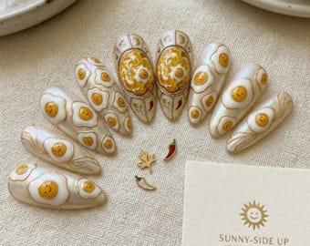 Kawaii Fried Egg Press On Nails | 3D Smiley Face, Gold Filigree, Pearl Foodie Art