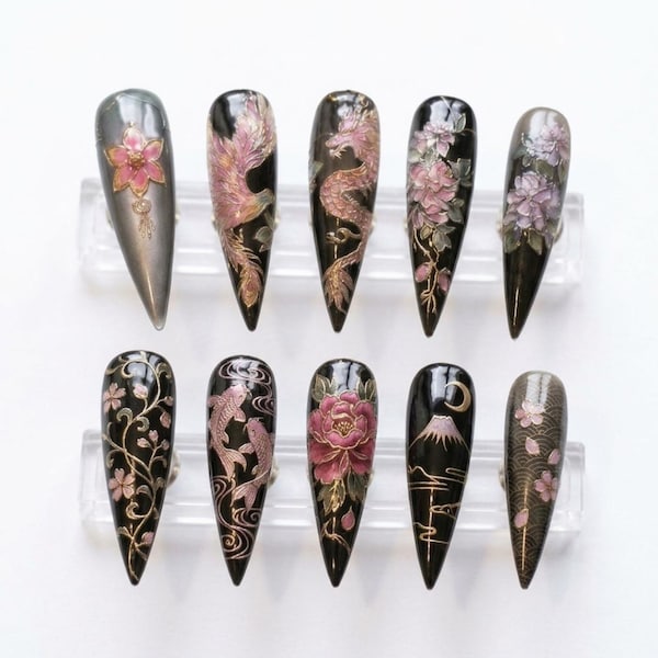 Hand Painted Dragon Phoenix Koi Fuji Stiletto Press On Nails, 3D Cloisonné Art Set