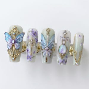 3D Butterfly Press On Nails, Victorian Filigree Art, Sage Green Potion Key Set
