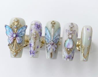 3D Butterfly Press On Nails, Victorian Filigree Art, Sage Green Potion Key Set