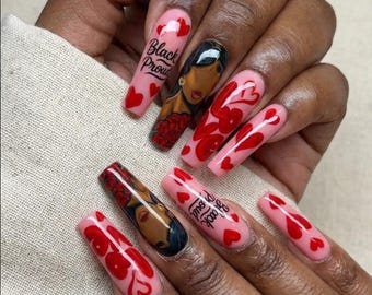 Black Proud Lover Girl Press On Nails | Red Hearts & Roses Hand-Painted BHM Nail Gift