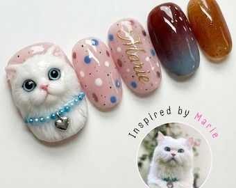 Custom Cat Portrait Press On Nails | 3D Pet Art, Hand-Painted