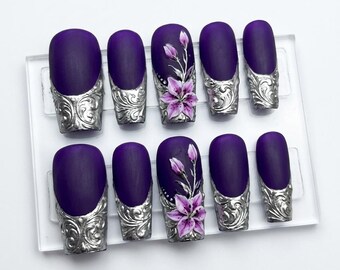 3D Stargazer Lily Press On Nails | Silver Baroque Filigree Luxury Gothic False Nails