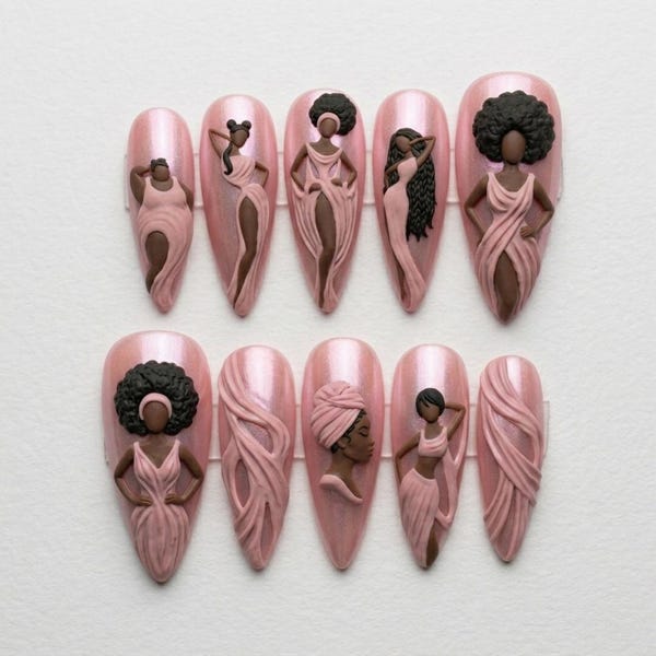 Hand-Sculpted 3D Press On Nails, Pink Pearl Melanin Magic Sisterhood Art