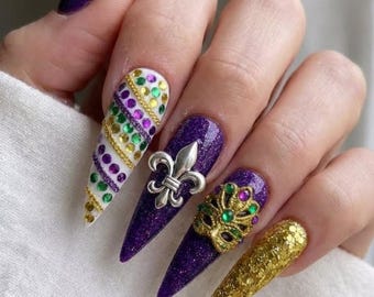 Mardi Gras Press-On Nails / 3D Fleur de Lis, Arte de máscara de mascarada