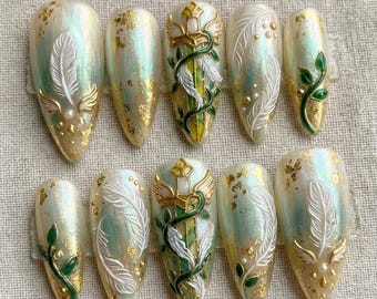 Uñas postizas Valkyrie, diseño de plumas de espada en 3D, uñas de lujo con pan de oro élfico.
