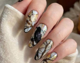 Stained Glass Raven Press On Nails | Gothic Art Nouveau Crow Design