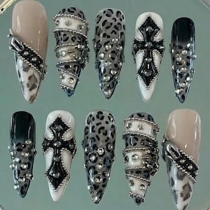McBling Gothic Leopard Y2K Press-On Nails | 3D Animal Print & Chrome Cross Nail Art