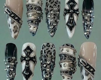 McBling Gothic Leopard Y2K Press-On Nails | 3D Animal Print & Chrome Cross Nail Art