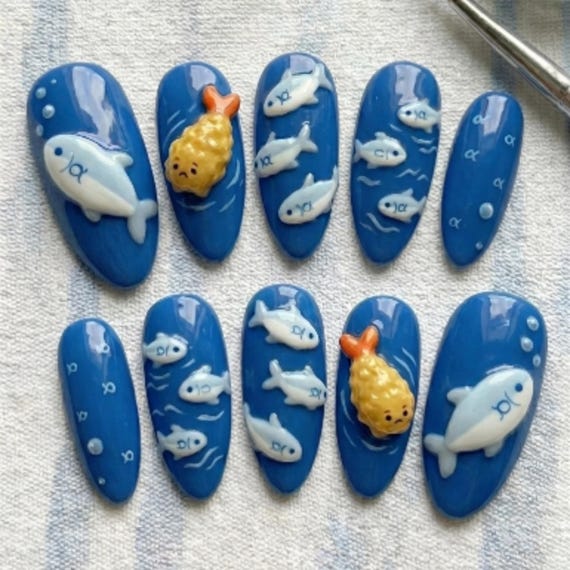 SHRIMP - FISH FRIENDS: Hand-Painted 3D Press On Nails | Kawaii Blue Ocean & Tempura Artisan Set