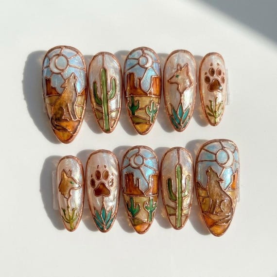 Southwestern Stained Glass Press On Nails, Wolf Fox Cactus Desert Art