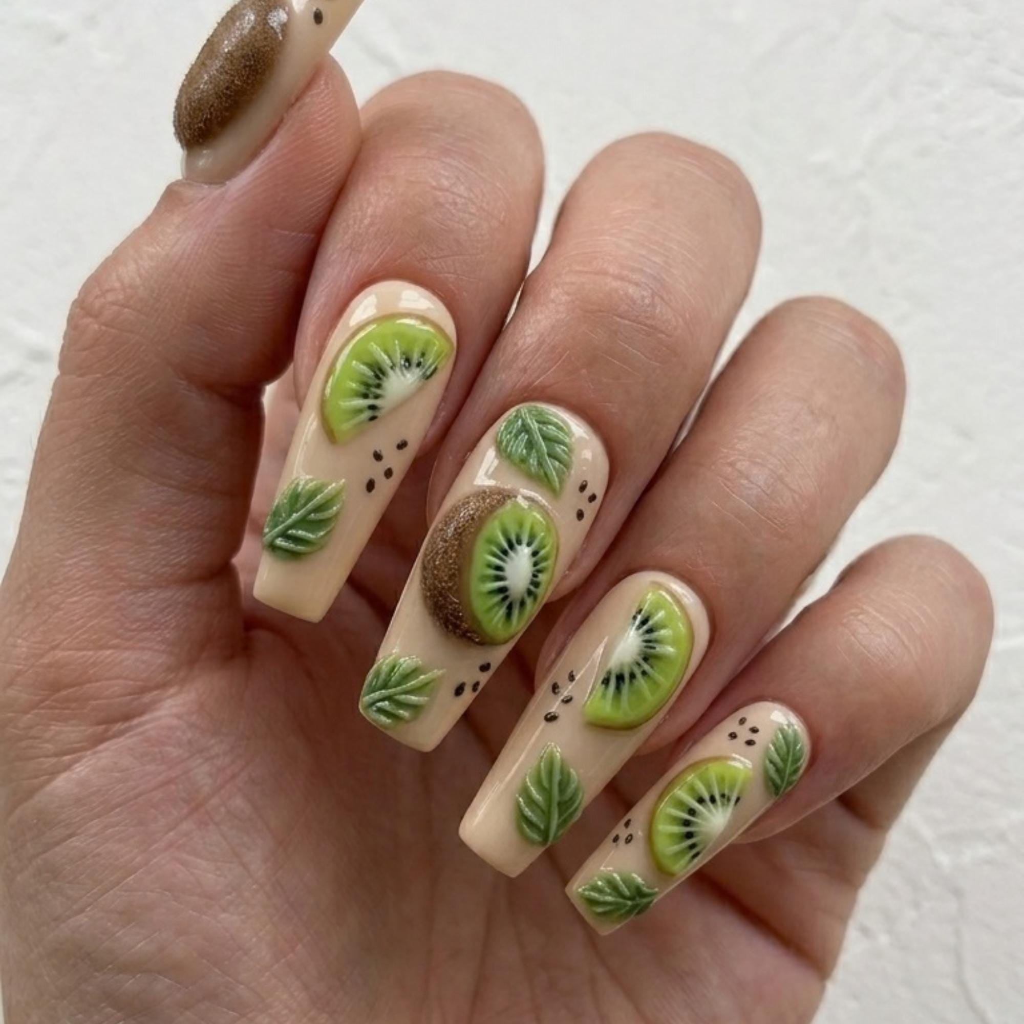 3D Kiwi Fruit Press On Nails Realistic Tropical Summer Sculpted Slice Leaf Nail Art