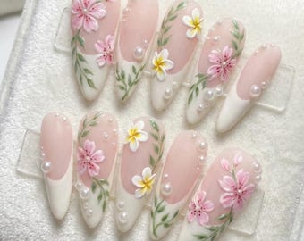 3D Floral Bridal French Tip Press On Nails | Hand-Painted Sakura & Plumeria Art