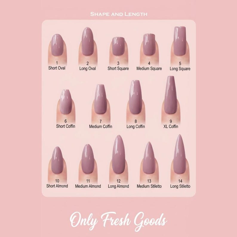 K&ouml;nnte beinhalten: Eine rosa Grafik zeigt 14 verschiedene Nagelformen und -l&auml;ngen, darunter Short Oval, Long Oval, Short Square, Medium Square, Long Square, Short Coffin, Medium Coffin, Long Coffin, XL Coffin, Short Almond, Medium Almond, Long Almond, Medium Stiletto und Long Stiletto. Der Text "SHAPE AND LENGTH" und "Only Fresh Goods" ist ebenfalls vorhanden.
