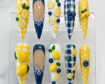 Lemon Blueberry Press-On Nails, 3D Fruit, Gingham Cottagecore Hand-Painted Gel Nails