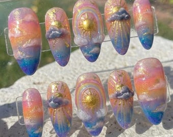 Celestial Sun Press On Nails, 3D Sunset Cloud Art, Gold Foil Galaxy Set
