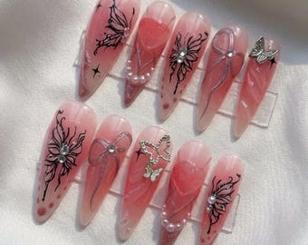 Blushed Fairycore Butterfly Press On Nails | Pink Coquette 3D Pearl & Ribbon Accents