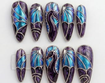 3D Dragon Stained Glass Press On Nails, Iridescent Purple Blue Cloisonné Fantasy Art