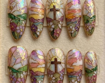 Stained Glass Cross Press On Nails, Iridescent Christian Nail Art