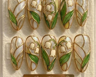 Lily of the Valley Stained Glass Press On Nails | 3D Gold Botanical Glasswork