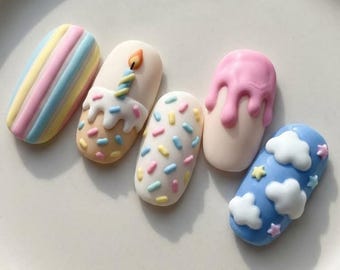 3D Birthday Cake Press On Nails | Matte Kawaii Nail Art