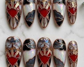 3D Valentine's Sacred Heart Stained Glass Press-On Nails | Gothic Romance Nail Art