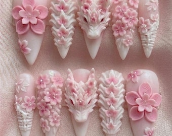 Pink Dragon Sakura Press On Nails, Hand-Sculpted 3D Fantasy Art, Cherry Blossom Set