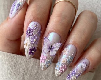 3D Butterfly Lavender Press On Nails, Iridescent Floral Fairycore Fake Nails