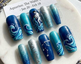 Aquarius Press On Nails | Hand-Painted Zodiac, Ocean Blue Glitter