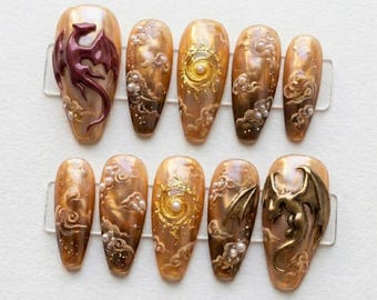 3D Imperial Dragon Press On Nails, Golden Sun Art, Celestial Fantasy Coffin Fake Nails