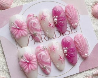 3D Hibiscus Press On Nails | Pink Mermaid Seashell Nail Art