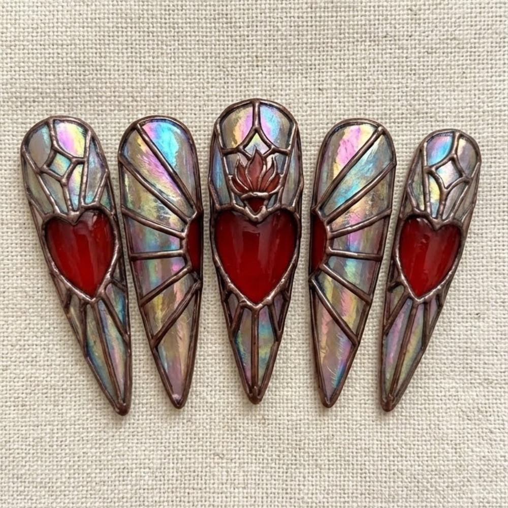 Sacred Heart Stained Glass - Luxury 3D Press-On Nails Gothic Romance Valentine's Day Nail Art
